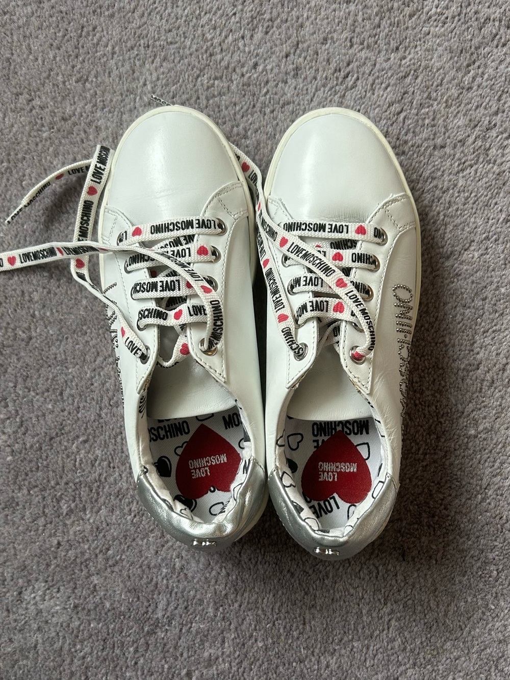 Love Moschino Women’s White and Red Heart Logo Lace-Up Sneakers